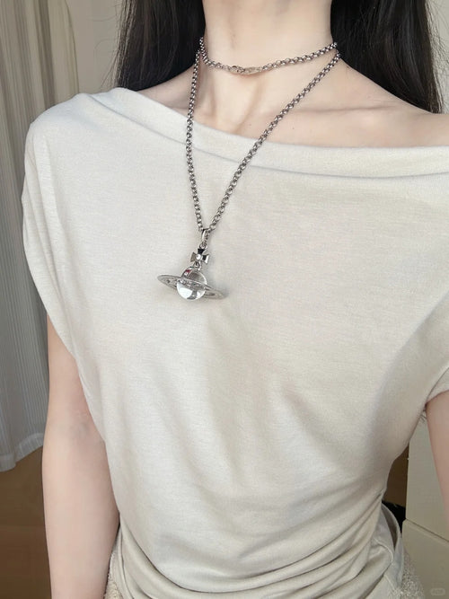 20mm Spherical Classic Saturn Pendant Necklace, Silver White