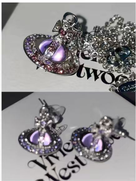 VIVINANA Y2K Saturn Pendant Necklace, Purple Gradient CZ Inlaid, Medium Size 20mm Diameter