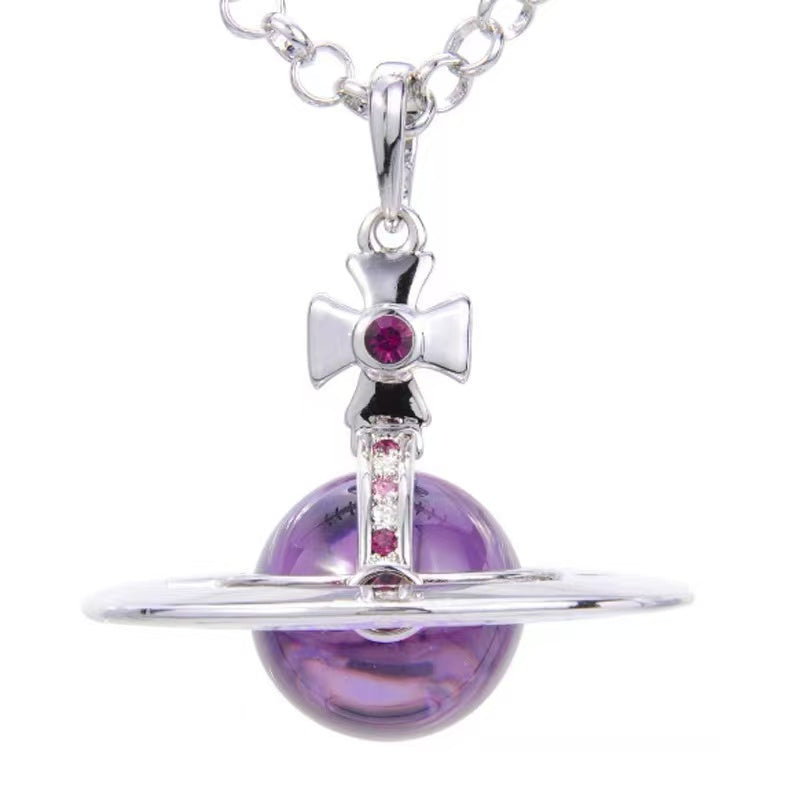 20mm Spherical Classic Saturn Pendant Necklace, Silver Purple
