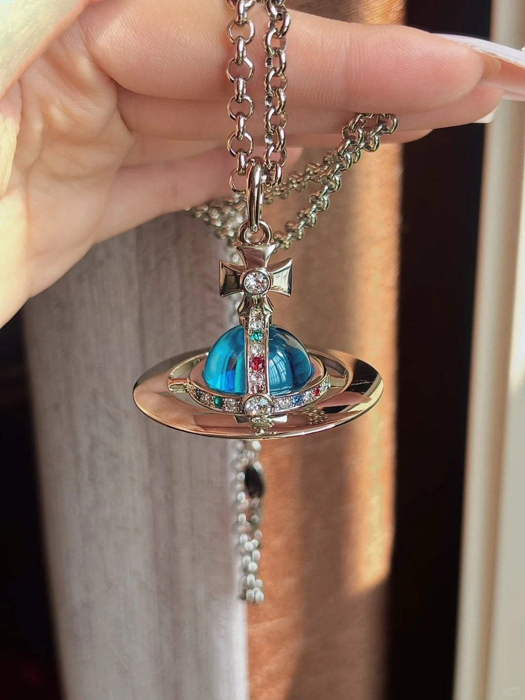20mm Spherical Classic Saturn Pendant Necklace, Silver Blue