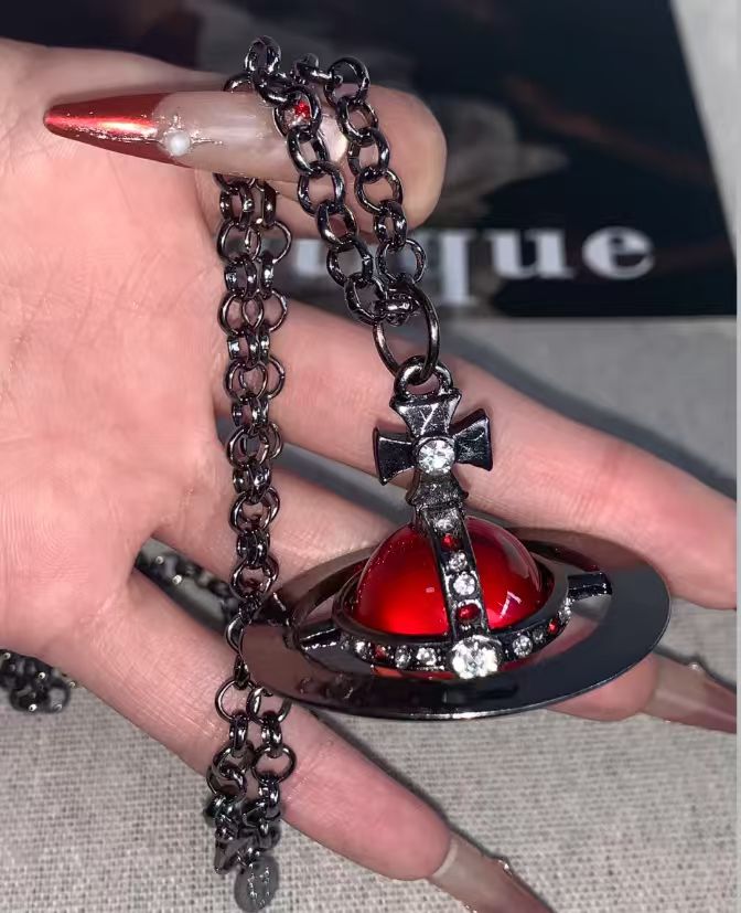 20mm Spherical Classic Saturn Pendant Necklace, Gunblack Red