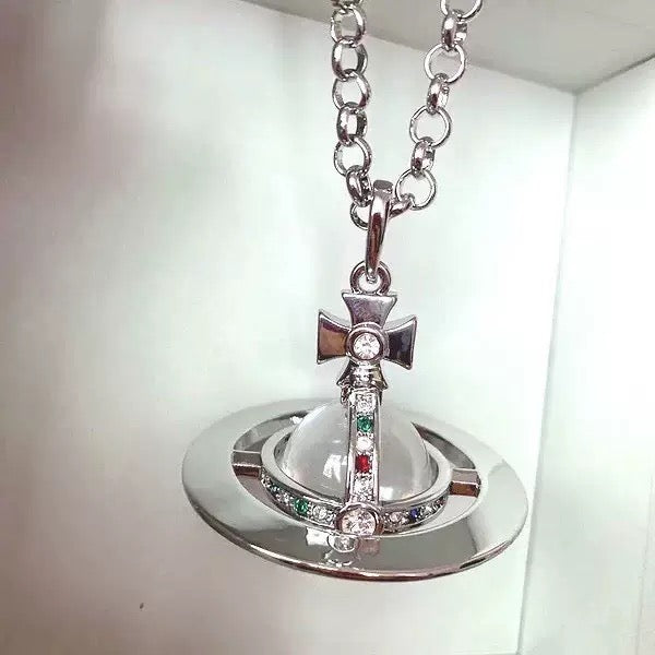20mm Spherical Classic Saturn Pendant Necklace, Silver White