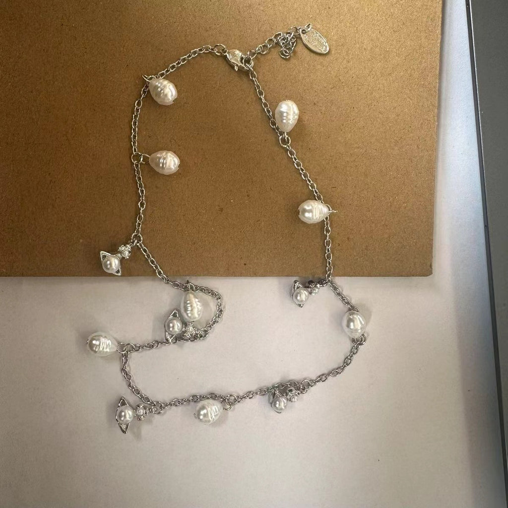 New Multi Charms Saturn Baroque Pearl Choker Necklace, Punk Light Luxury Irregular Water Drop Pearl Statement Necklace