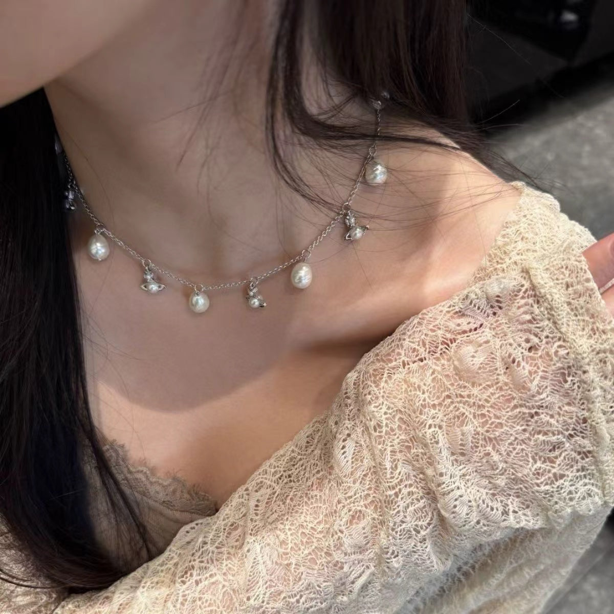 New Multi Charms Saturn Baroque Pearl Choker Necklace, Punk Light Luxury Irregular Water Drop Pearl Statement Necklace