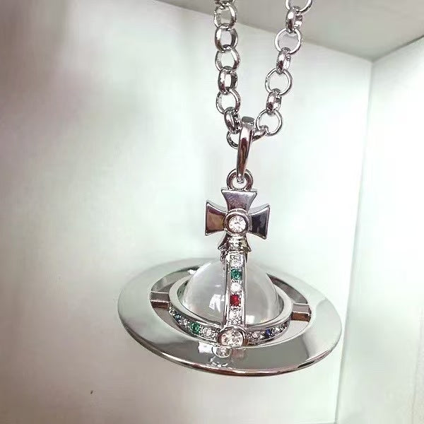 20mm Spherical Classic Saturn Pendant Necklace, Silver White