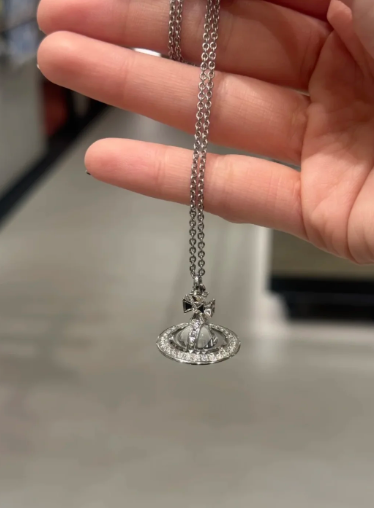 VIVINANA Y2K Saturn Pendant Necklace, White Gradient CZ Inlaid, Medium Size 20mm Diameter