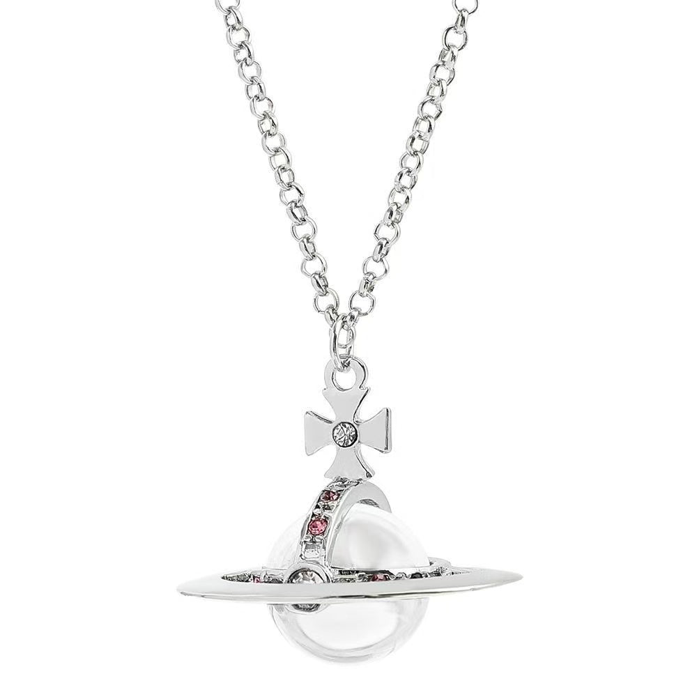 20mm Spherical Classic Saturn Pendant Necklace, Silver White