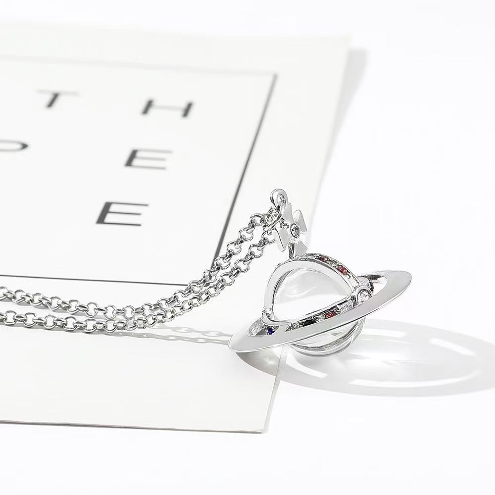 20mm Spherical Classic Saturn Pendant Necklace, Silver White