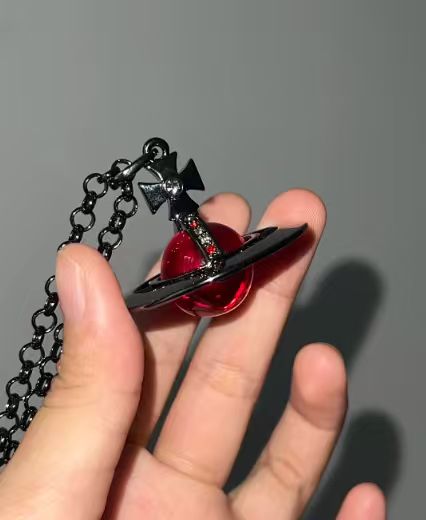 20mm Spherical Classic Saturn Pendant Necklace, Gunblack Red