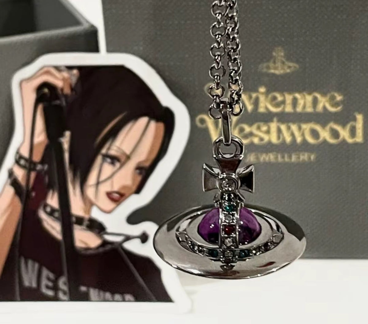 20mm Spherical Classic Saturn Pendant Necklace, Gunblack Grape Purple