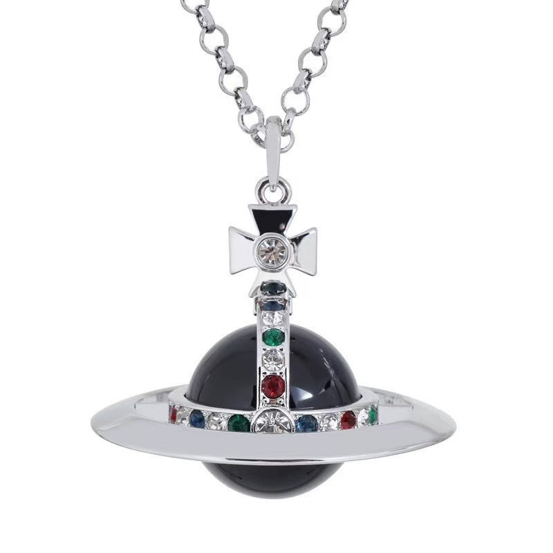 20mm Spherical Classic Saturn Pendant Necklace, Silver Black