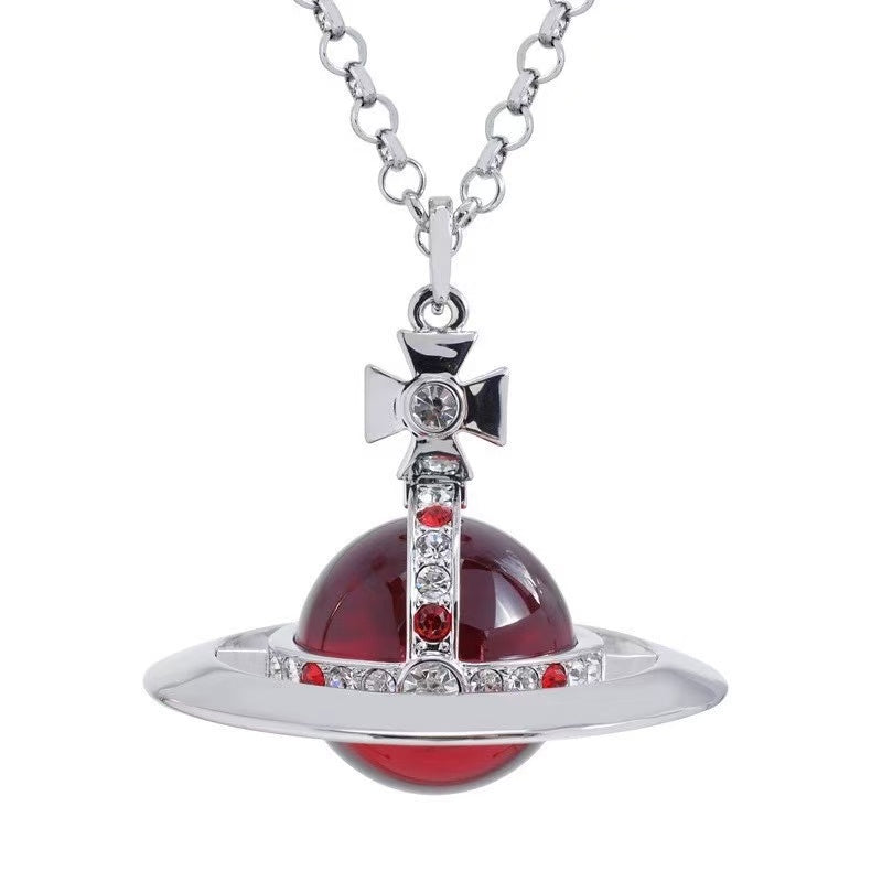 20mm Spherical Classic Saturn Pendant Necklace, Silver Red