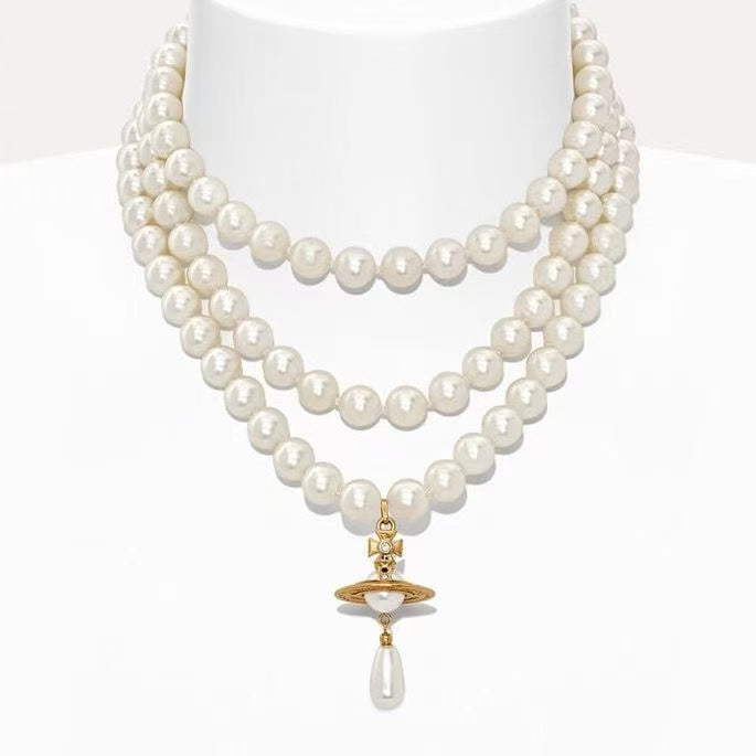 Light Luxury 3-Layer Layered Planet Pearl Necklace, Saturn UFO Flying Saucer Teardrop Pendant Collarbone Necklace for Women, Premium 3D Pearl Statement Jewelry