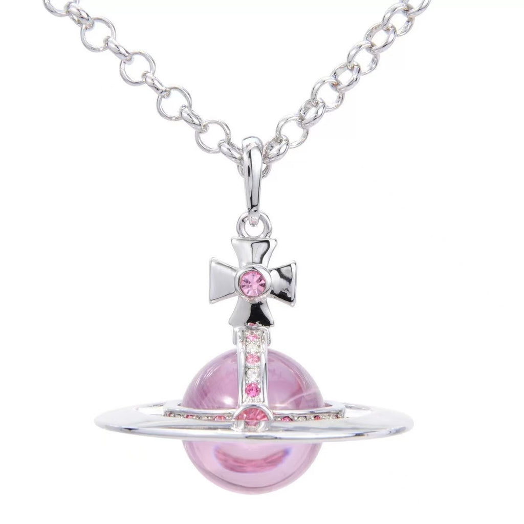 20mm Spherical Classic Saturn Pendant Necklace, Silver Pink