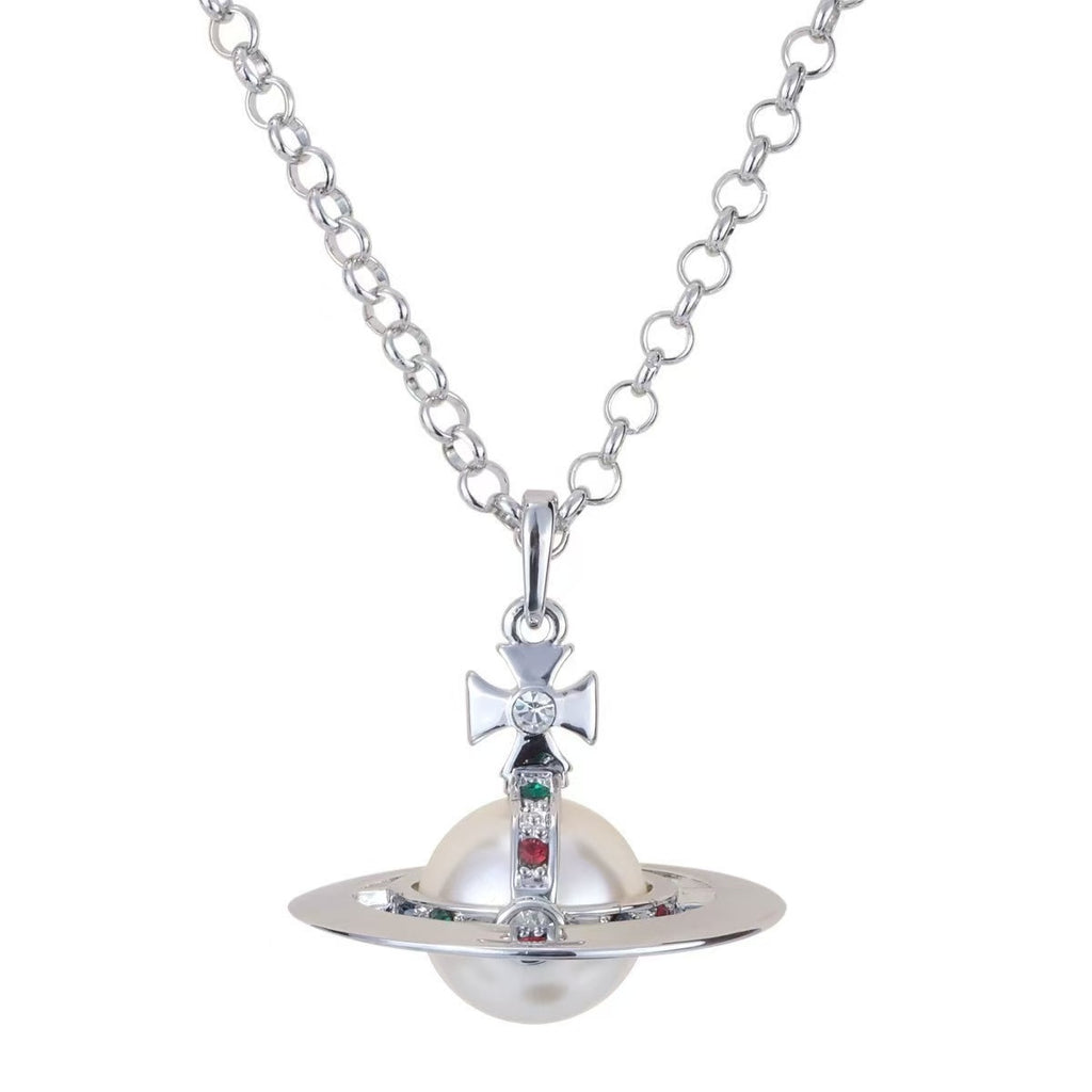 20mm Spherical Classic Saturn Pendant Necklace, Pearl White