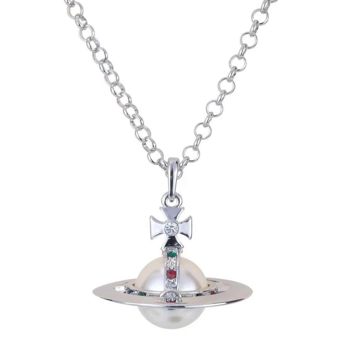 20mm Spherical Classic Saturn Pendant Necklace, Pearl White