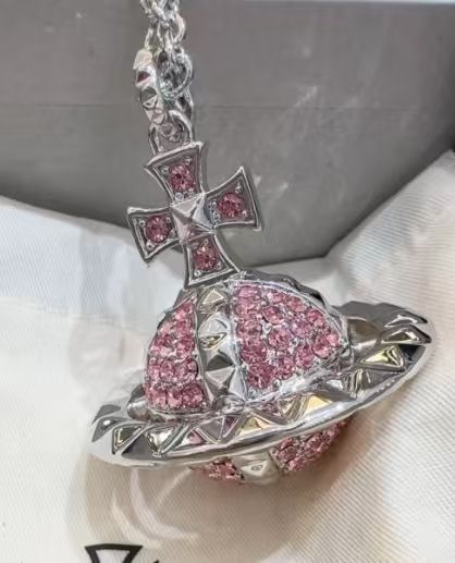 40mm Rhinestone Series Saturn Orb Pendant Necklace, Pink Full Rhinestone Design