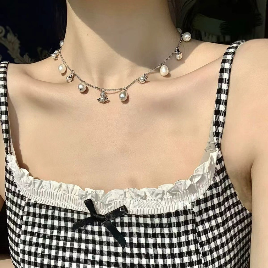 New Multi Charms Saturn Baroque Pearl Choker Necklace, Punk Light Luxury Irregular Water Drop Pearl Statement Necklace