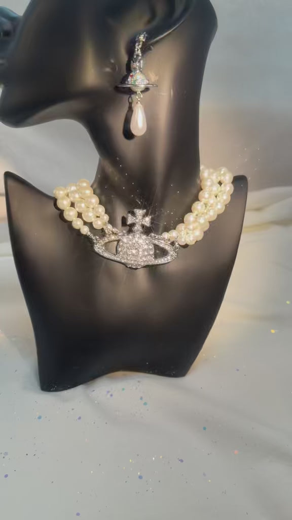 Three-Layer Pearl Saturn Necklace  Crystal Bridal Choker