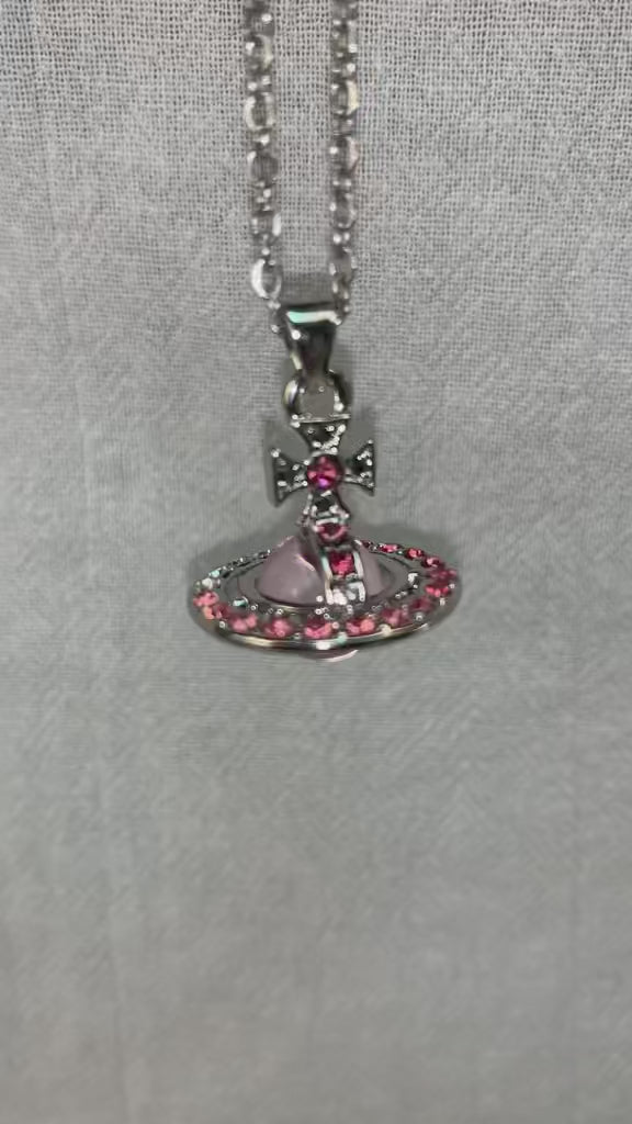 VIVINANA Y2K Saturn Pendant Necklace, Multi-Color Gradient CZ Inlaid, Medium Size 20mm Diameter